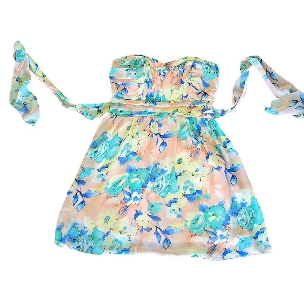 Trixxi Strapless Floral Chiffon Mini Dress Blue Peach Sweetheart Size 5